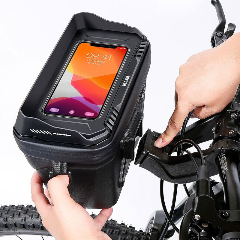 Schwarze wasserdichte Fahrradlenkertasche mit Handyhalterung, Touchscreen-kompatibel.