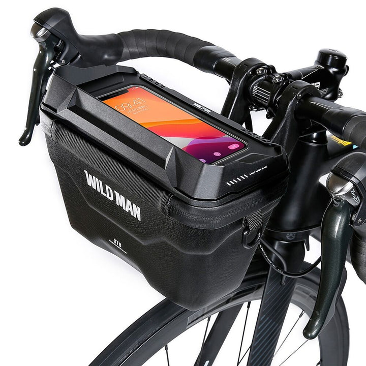 Schwarze Fahrradlenkertasche mit Smartphone-Halterung, wasserdicht, Marke Wild Man.