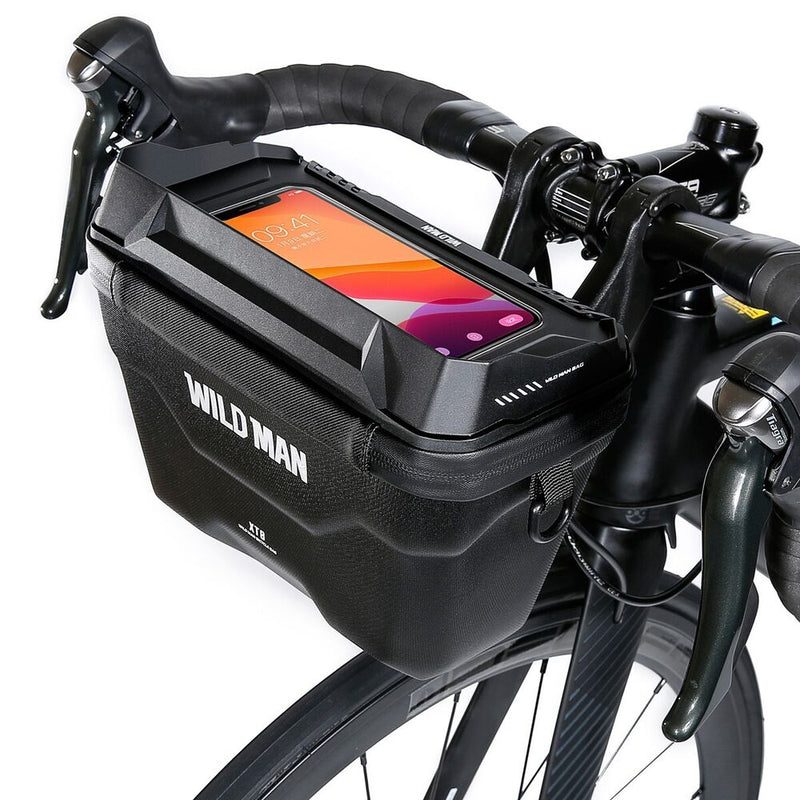 Schwarze Fahrradlenkertasche mit Smartphone-Halterung, wasserdicht, Marke Wild Man.