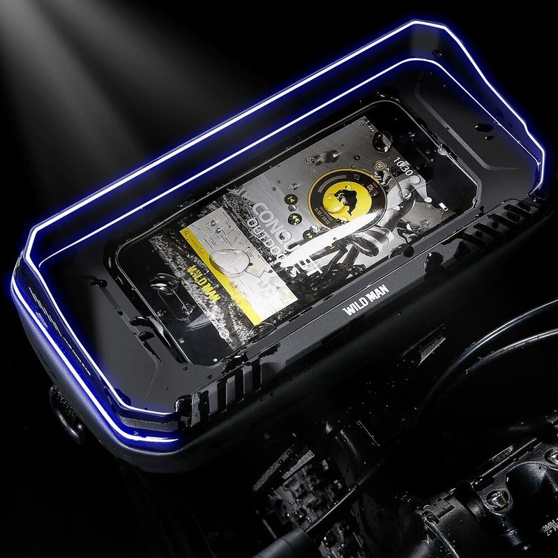 Wasserdichte Fahrrad-Handytasche mit LED-Rahmen, schwarz, für Outdoor-Aktivitäten.