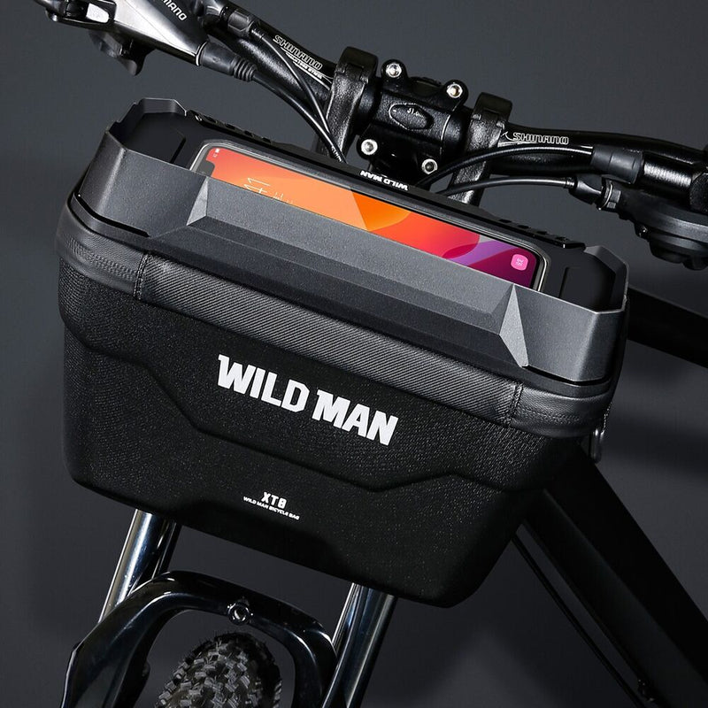 Fahrradlenkertasche Wild Man, schwarz, wasserdicht, mit Smartphone-Halterung, robustes Design.