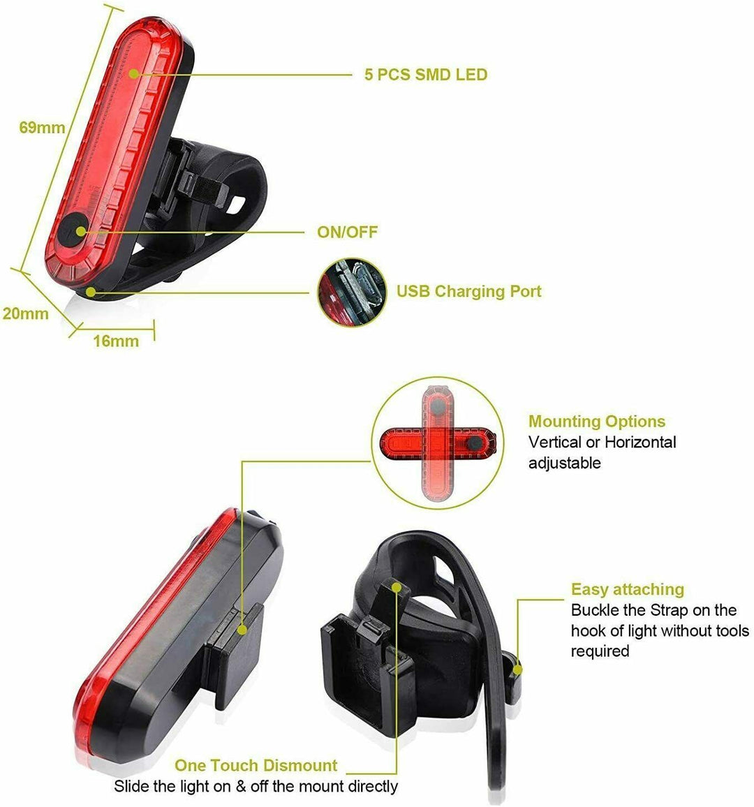 Rotes LED-Fahrradlicht, USB-aufladbar, wasserdicht, einfache Montage, Sicherheitszubehör.