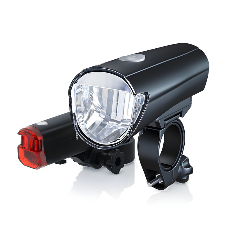 Schwarzes LED-Fahrradlicht-Set, Vorder- und Rücklicht, wasserdicht, für sicheres Radfahren.