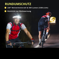 Radfahrer mit LED-Stirnlampe und Rücklicht, 230° Weitwinkelstrahl, 500 Lumen, Nachtfahrt.