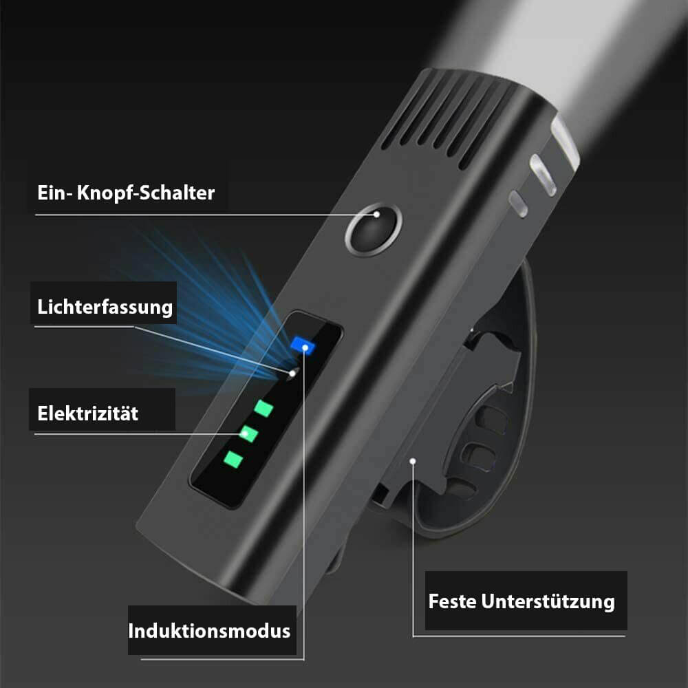 Schwarzes LED-Fahrradlicht mit Ein-Knopf-Schalter, Lichtsensor und Induktionsmodus.