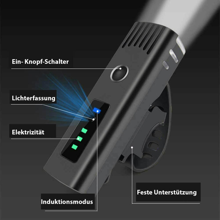 Schwarzes LED-Fahrradlicht mit Ein-Knopf-Schalter, Lichtsensor und Induktionsmodus.