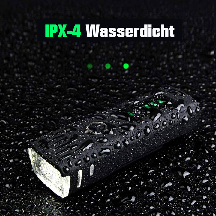 Wasserdichtes Fahrradlicht IPX-4, schwarz, LED, robust, für sicheres Radfahren bei Regen.