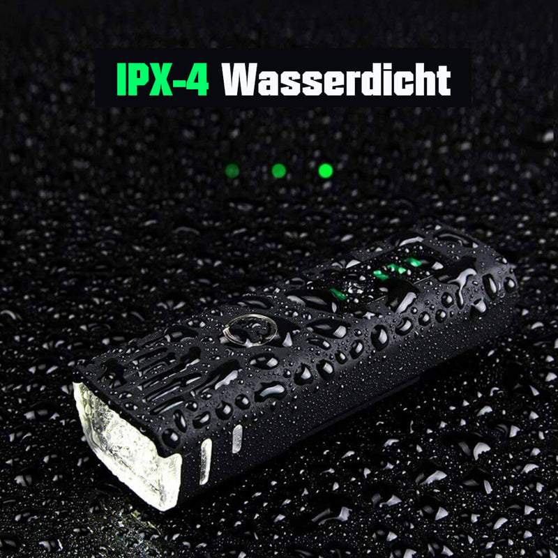 Wasserdichtes Fahrradlicht IPX-4, schwarz, LED, robust, für sicheres Radfahren bei Regen.