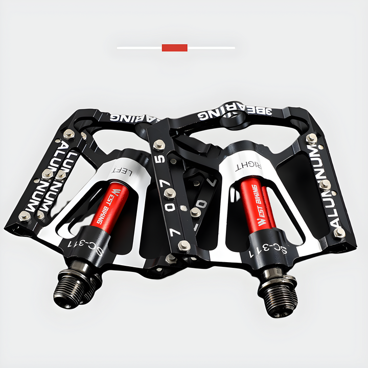 Schwarze Aluminium-Fahrradpedale mit rotem Akzent, rutschfest, langlebig, für Mountainbikes.