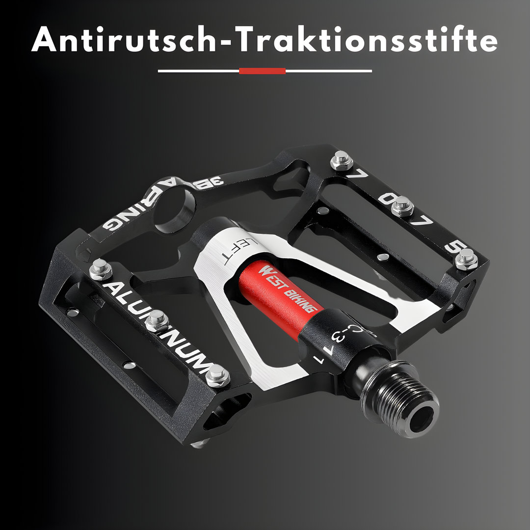 Schwarzes Aluminium-Fahrradpedal mit Antirutsch-Traktionsstiften, robust und langlebig.