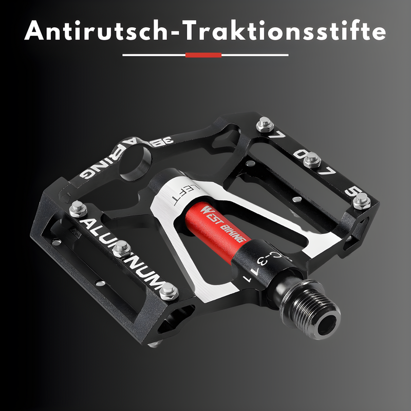 Schwarzes Aluminium-Fahrradpedal mit Antirutsch-Traktionsstiften, robust und langlebig.