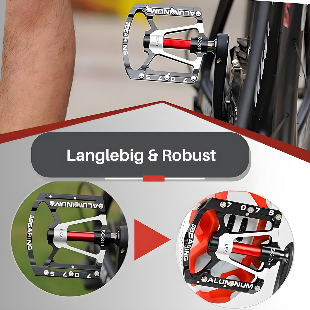 Schwarzes Fahrradpedal aus Aluminium, langlebig, robust, mit rotem Akzent, für Mountainbikes.