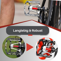 Schwarzes Fahrradpedal aus Aluminium, langlebig, robust, mit rotem Akzent, für Mountainbikes.