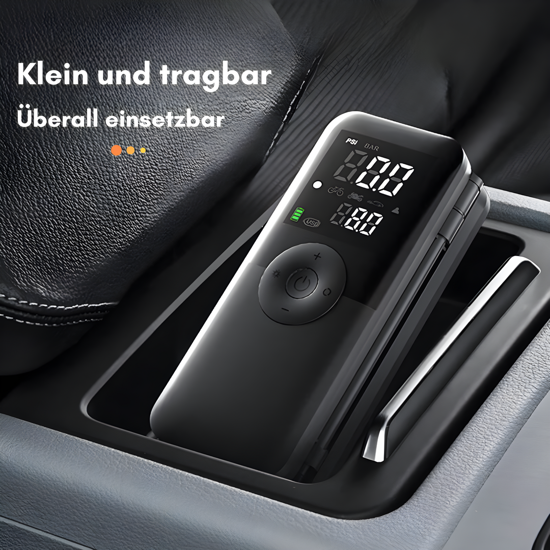 Tragbare elektrische Fahrradpumpe, digital, schwarz, kompakt, vielseitig einsetzbar.