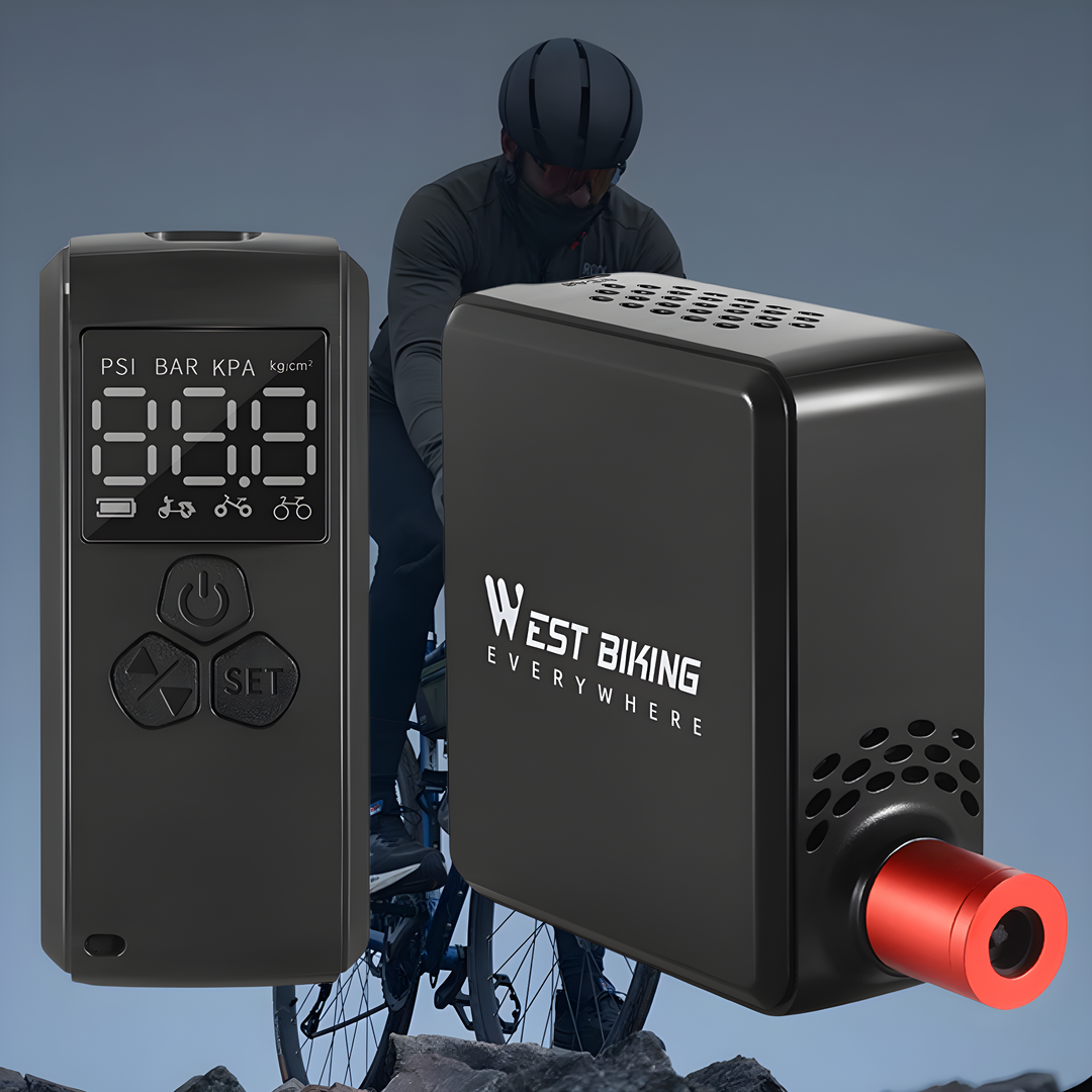 Schwarze elektrische Fahrradpumpe mit digitalem Display, kompakt, tragbar, West Biking.