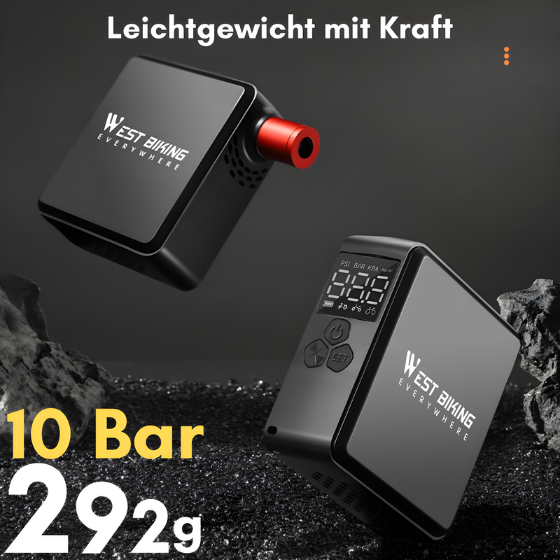 Tragbare Fahrradpumpe, schwarz, digital, 10 Bar, 292g, kompakt, leicht, West Biking.