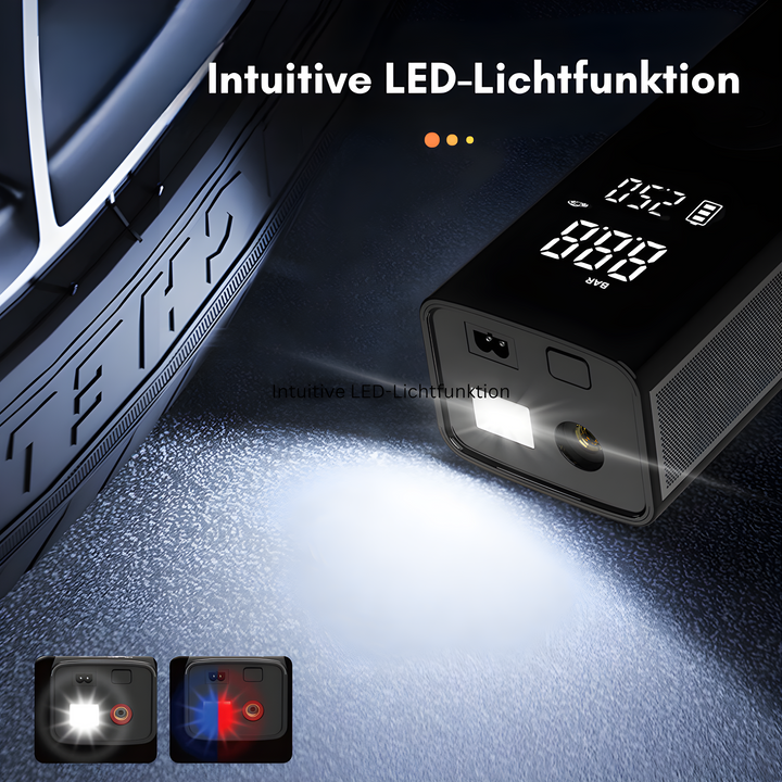 Tragbare elektrische Fahrradpumpe mit LED-Licht, digitalem Display, schwarz.