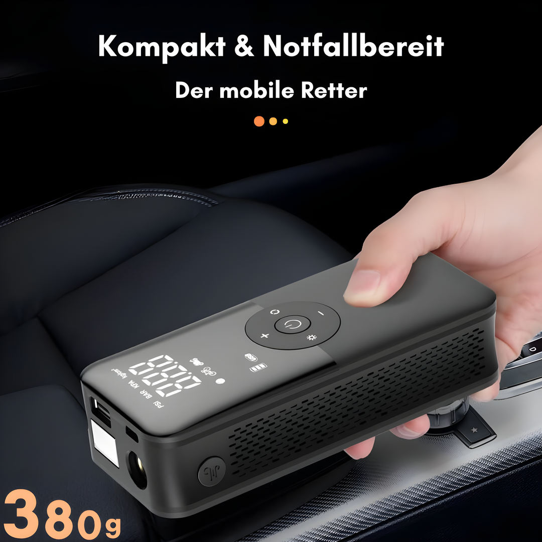 Tragbare elektrische Luftpumpe, schwarz, digitaler Bildschirm, kompakt, 380g, für Auto und Fahrrad.