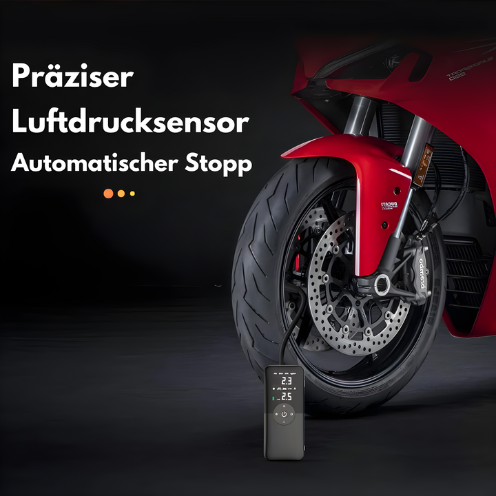 Elektrische Fahrradpumpe mit präzisem Luftdrucksensor, automatischer Stoppfunktion, schwarz.