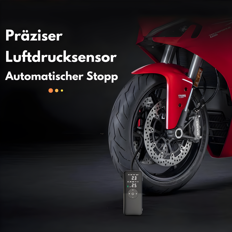 Elektrische Fahrradpumpe mit präzisem Luftdrucksensor, automatischer Stoppfunktion, schwarz.