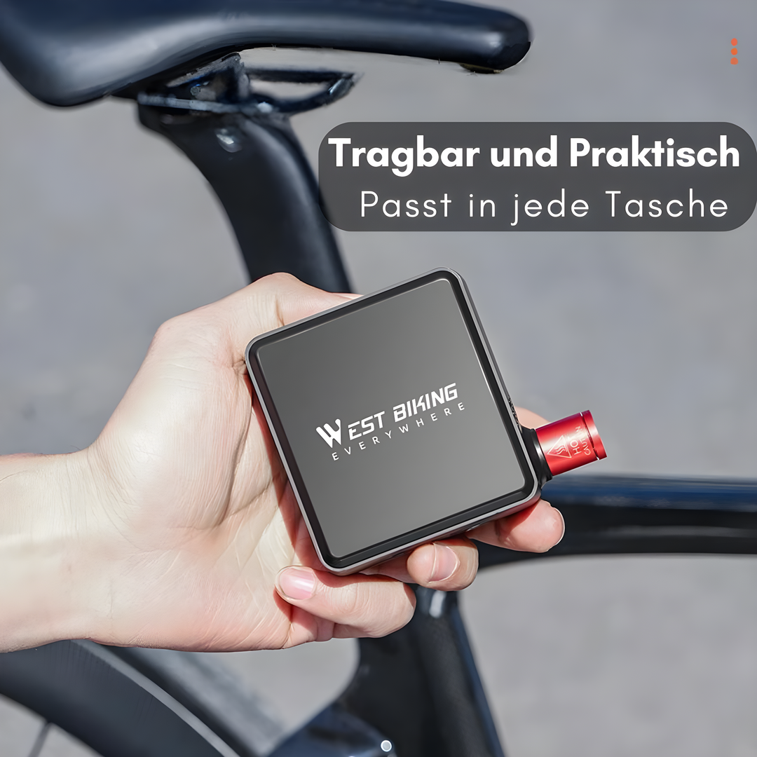 Tragbare Fahrradpumpe, kompakt, schwarz, West Biking, ideal für unterwegs, passt in jede Tasche.