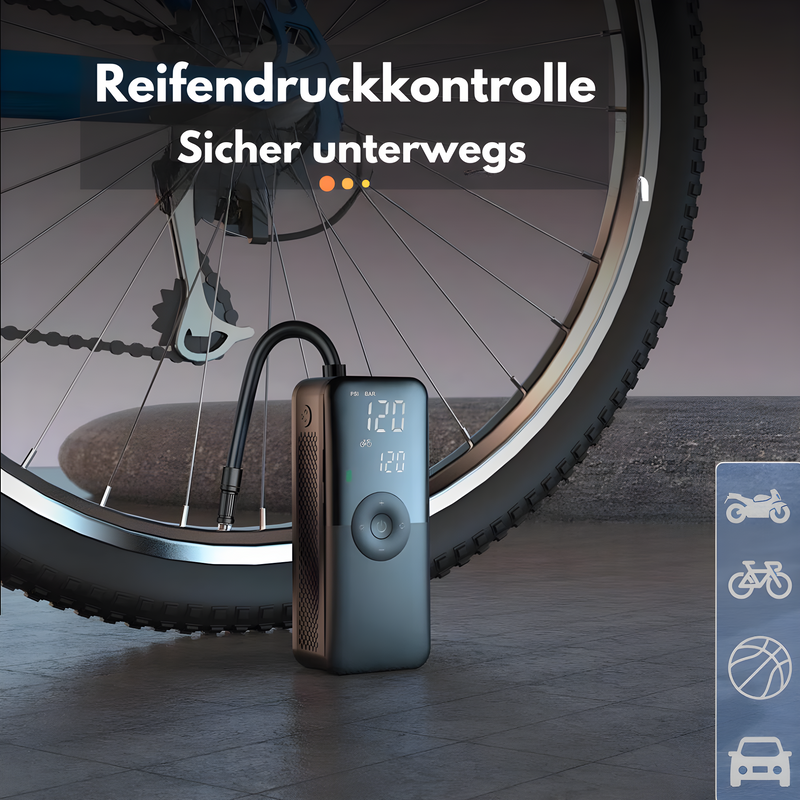 Tragbare elektrische Fahrradpumpe, schwarz, mit digitalem Display, für Reifenluftdruckkontrolle.