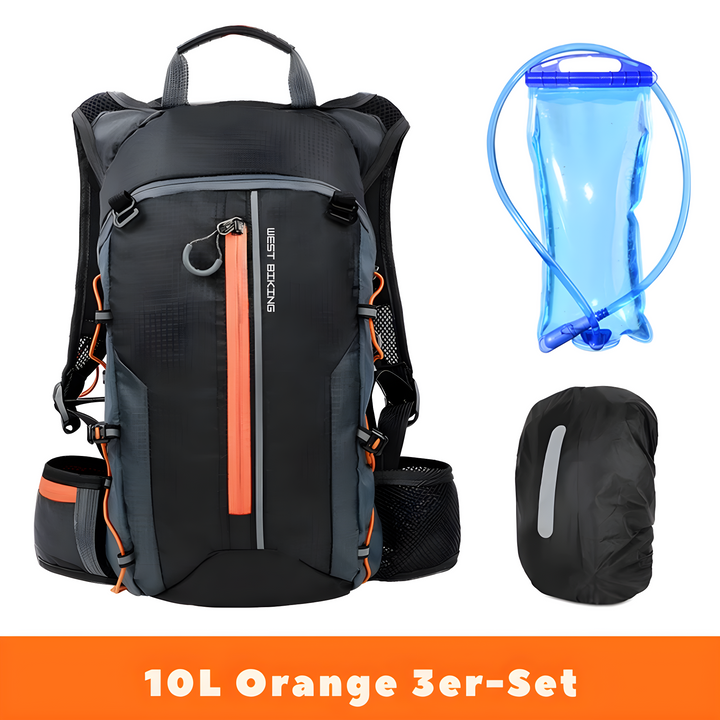 10L Fahrradrucksack Set, schwarz-orange, mit Trinkblase und Regenschutz, ideal für Outdoor-Aktivitäten.