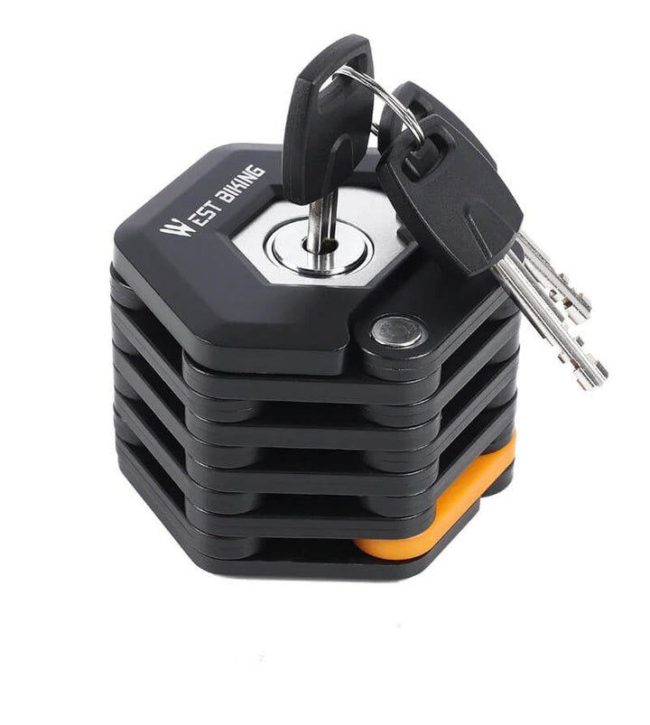 Schwarzes faltbares Fahrradschloss mit Schlüsseln, kompakt, Diebstahlschutz, langlebig.