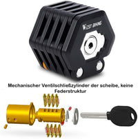 Schwarzes faltbares Fahrradschloss mit Schlüssel, mechanischer Ventilschließzylinder, kompakt.