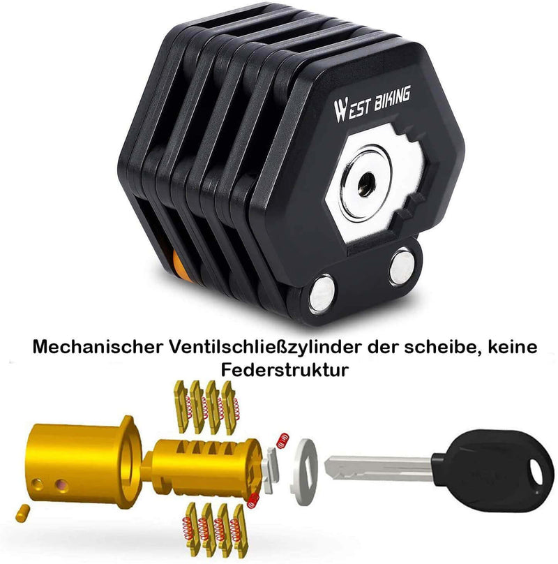 Schwarzes faltbares Fahrradschloss mit Schlüssel, mechanischer Ventilschließzylinder, kompakt.