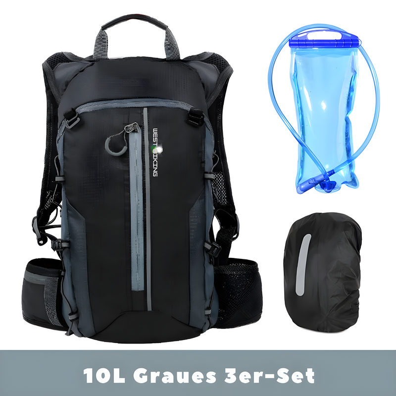 Graues 10L Fahrradrucksack-Set mit Trinkblase und Regenschutz, ideal für Outdoor-Aktivitäten.