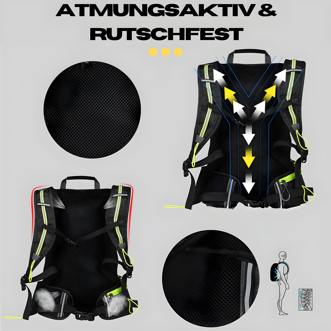 Atmungsaktiver, rutschfester Fahrradrucksack, schwarz, ergonomisches Design, reflektierende Streifen.
