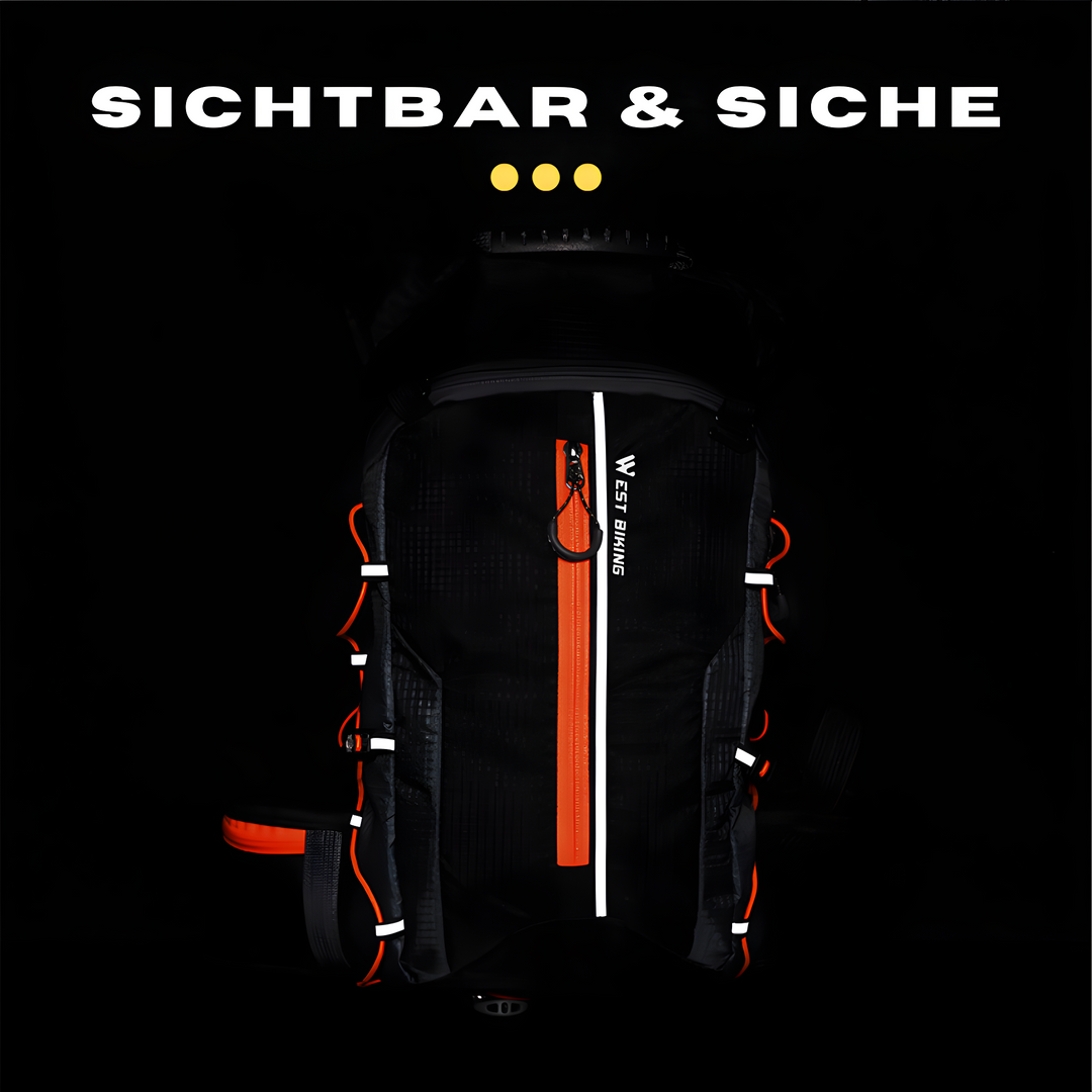 Schwarzer Fahrradrucksack mit reflektierenden Streifen, orange Akzenten, sicher und sichtbar.