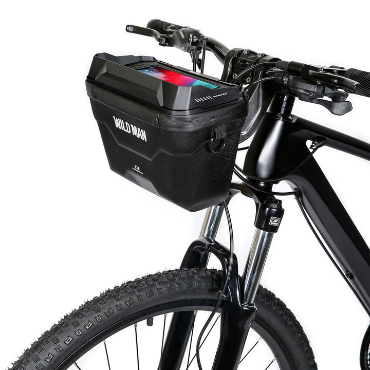 Schwarze Fahrradtasche mit Smartphone-Halterung, wasserdicht, für Mountainbikes.