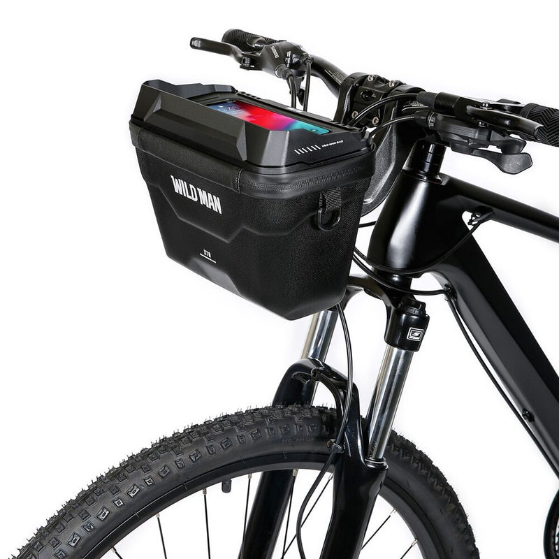 Schwarze Fahrradtasche mit Smartphone-Halterung, wasserdicht, für Mountainbikes.