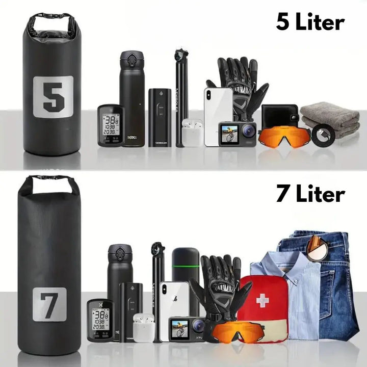 Wasserdichte Fahrradtaschen 5L und 7L, schwarz, ideal für Outdoor-Aktivitäten und Reisen.