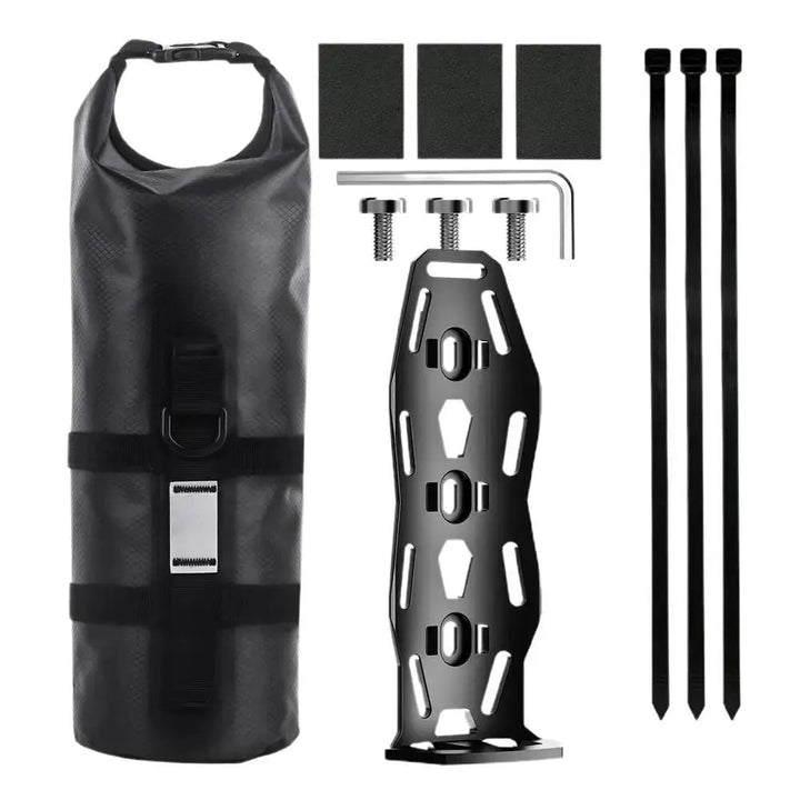 Wasserdichte Fahrradtasche schwarz mit Halterung und Zubehör für Outdoor-Abenteuer.