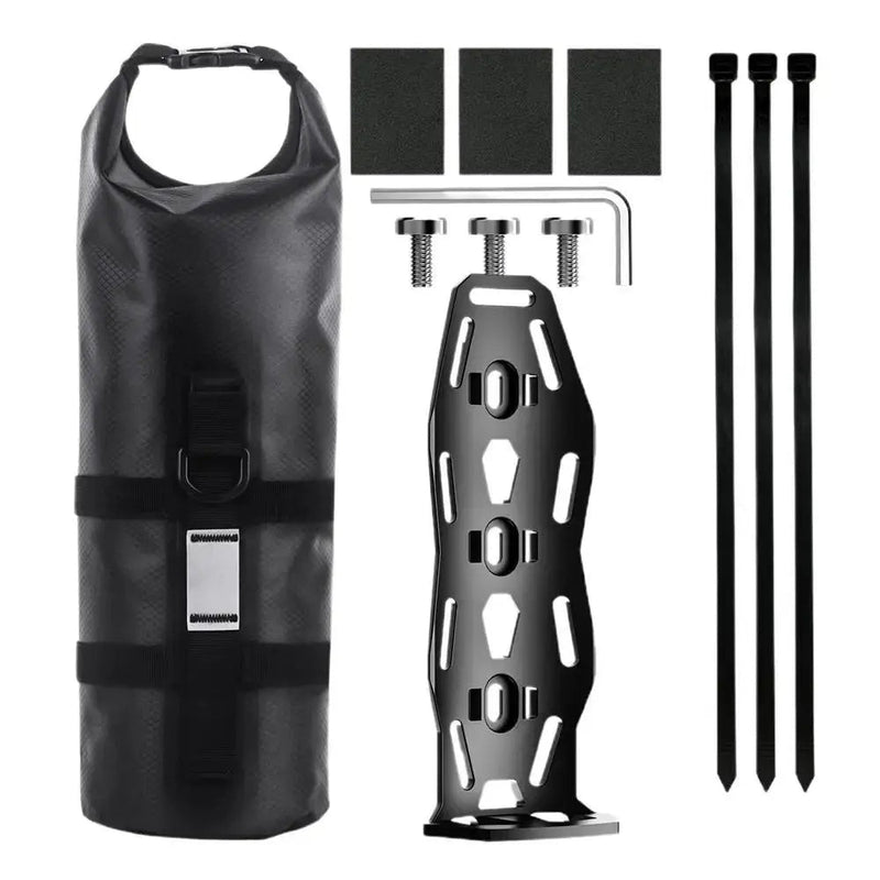 Wasserdichte Fahrradtasche schwarz mit Halterung und Zubehör für Outdoor-Abenteuer.