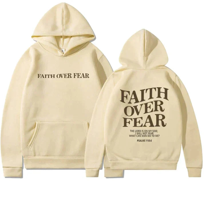 Beige Unisex Hoodie mit "Faith Over Fear" Aufdruck, Baumwolle, Bibelvers Psalmen 118:6, Kapuzenpullover.