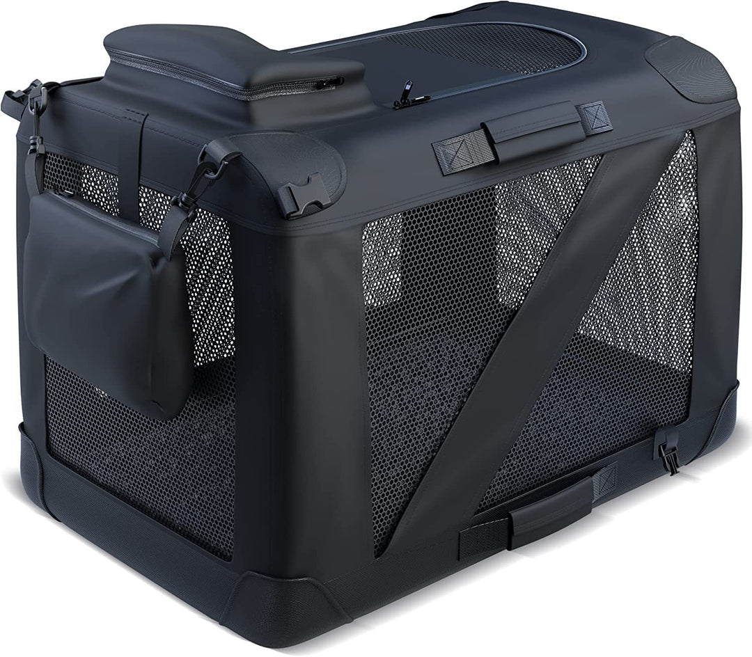 Schwarze faltbare Hundetransportbox aus Mesh und Kunststoff, tragbar, robust, für Reisen.