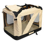 Beige faltbare Hundetransportbox aus Stoff mit Netzfenstern und Tragegriffen.