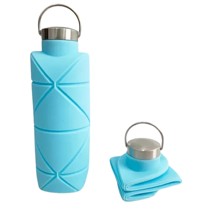 Blaue faltbare Silikon-Wasserflasche mit Edelstahlverschluss, platzsparend und tragbar.