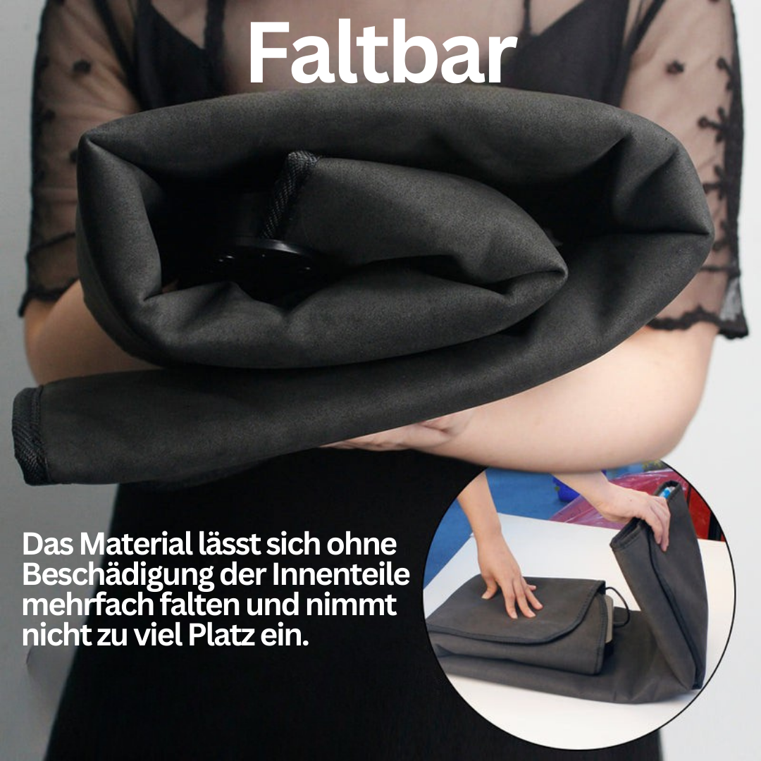 Faltbare schwarze Tasche, platzsparend, strapazierfähiges Material, ideal für Reisen.