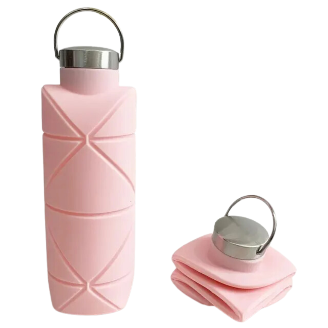Rosa faltbare Silikon-Wasserflasche mit Edelstahlverschluss, ideal für Reisen und Sport.