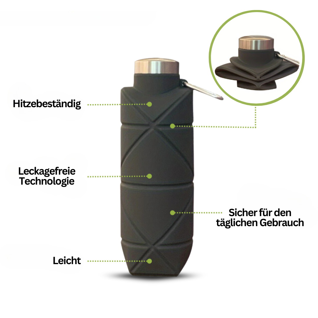 Schwarze faltbare Silikon-Wasserflasche, hitzebeständig, auslaufsicher, leicht, für täglichen Gebrauch.