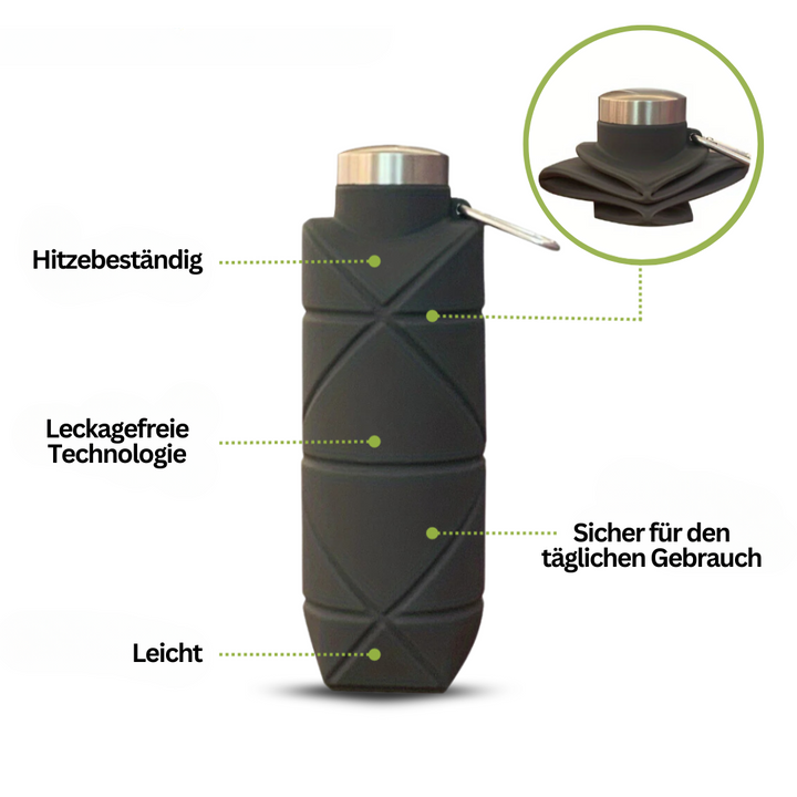 Schwarze faltbare Silikon-Wasserflasche, hitzebeständig, auslaufsicher, leicht, für täglichen Gebrauch.