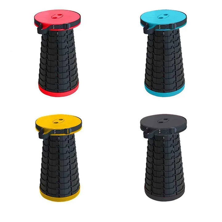 Vier faltbare Teleskophocker in Rot, Blau, Gelb und Schwarz, tragbar, verstellbar, Kunststoff.