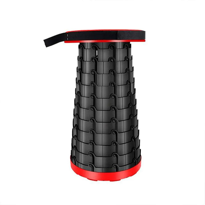 Schwarzer, ausziehbarer Klapphocker aus Kunststoff mit rotem Rand, tragbar, verstellbar.