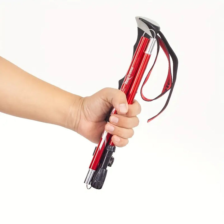 Roter faltbarer Wanderstock aus Aluminium, ergonomischer Griff, Handgelenkschlaufe.