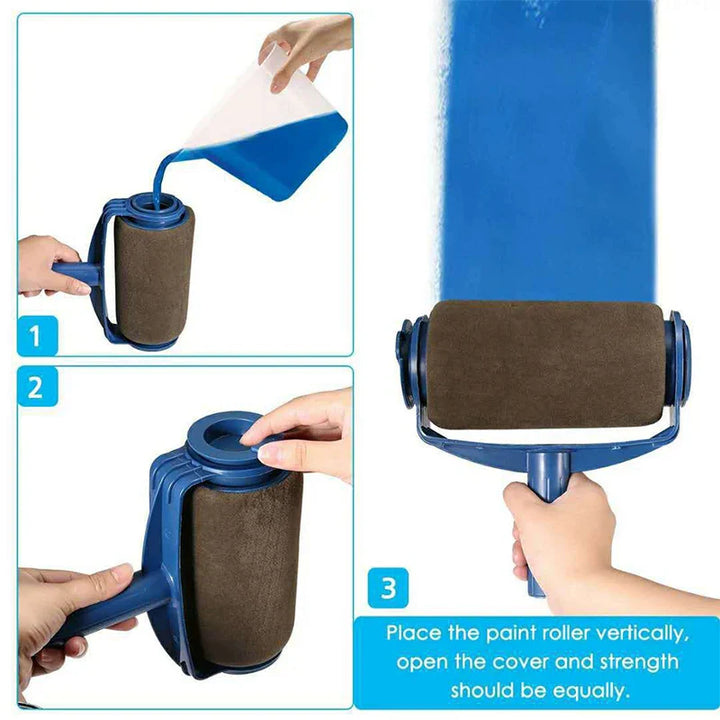 Blauer Farbroller mit braunem Schwamm, ideal für gleichmäßiges Streichen von Wänden.